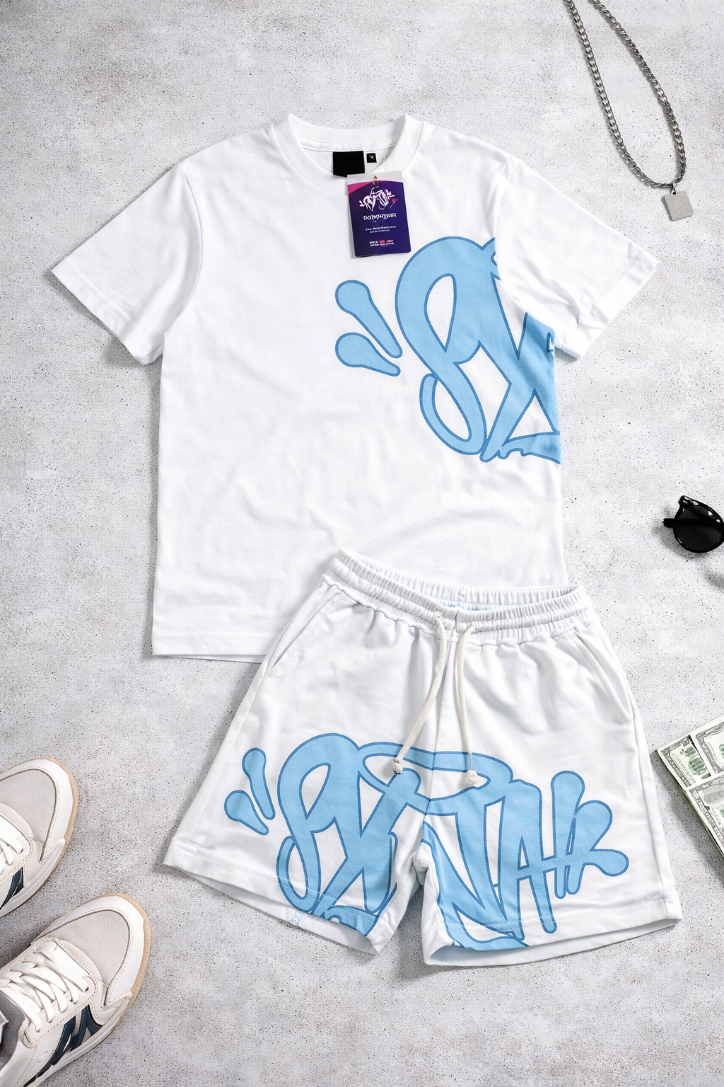 Conjunto Camiseta e Bermuda Syna World branco e azul