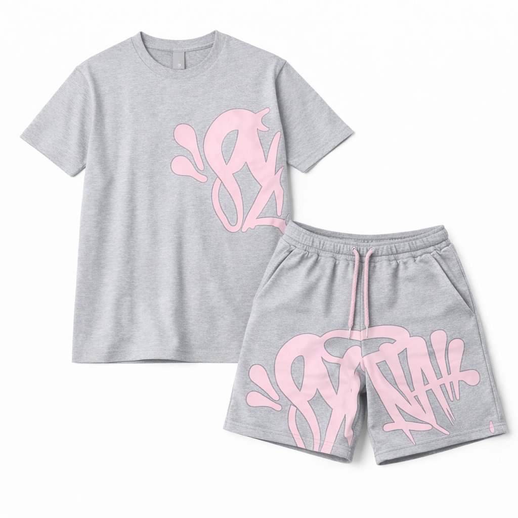 Conjunto Camiseta e Bermuda Syna World cinza e rosa