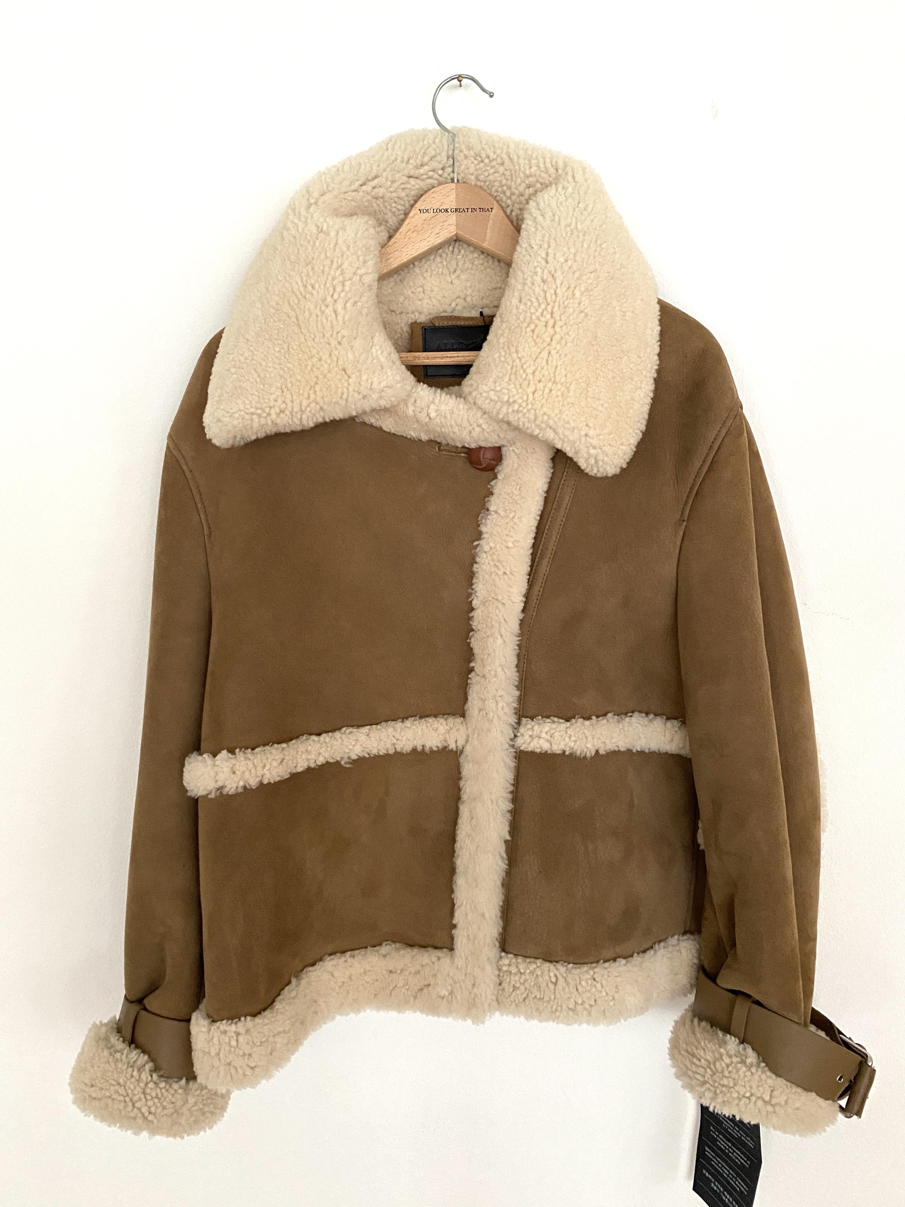 ALL SAINTS Farley Shearling Aviator Jacket in Brown/Ecru - Size M